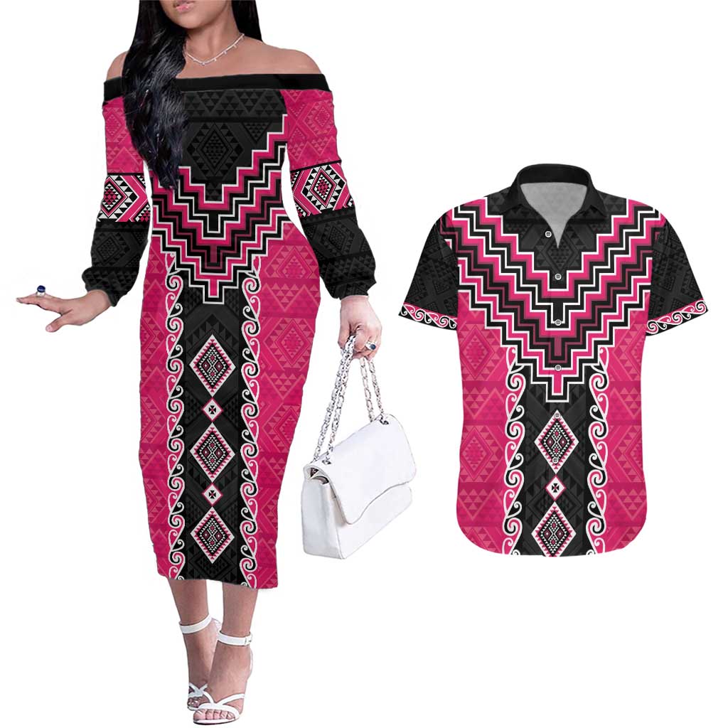 Pink Niho Taniwha Mix Poutama Couples Matching Off The Shoulder Long Sleeve Dress and Hawaiian Shirt Unique Taniko Aotearoa LT01 Pink - Polynesian Pride