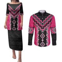 Pink Niho Taniwha Mix Poutama Couples Matching Puletasi and Long Sleeve Button Shirt Unique Taniko Aotearoa LT01 Pink - Polynesian Pride