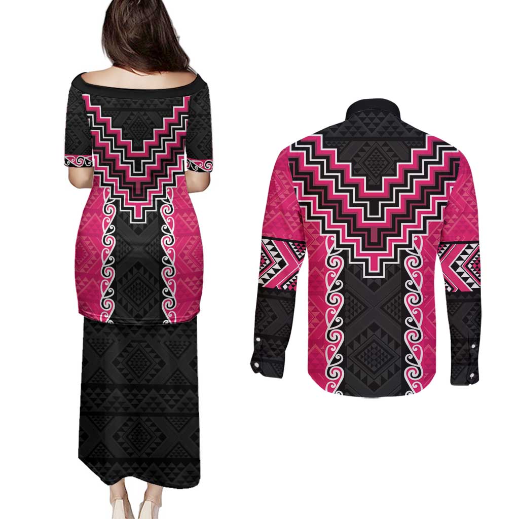 Pink Niho Taniwha Mix Poutama Couples Matching Puletasi and Long Sleeve Button Shirt Unique Taniko Aotearoa LT01 - Polynesian Pride