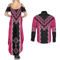 Pink Niho Taniwha Mix Poutama Couples Matching Summer Maxi Dress and Long Sleeve Button Shirt Unique Taniko Aotearoa LT01 - Polynesian Pride