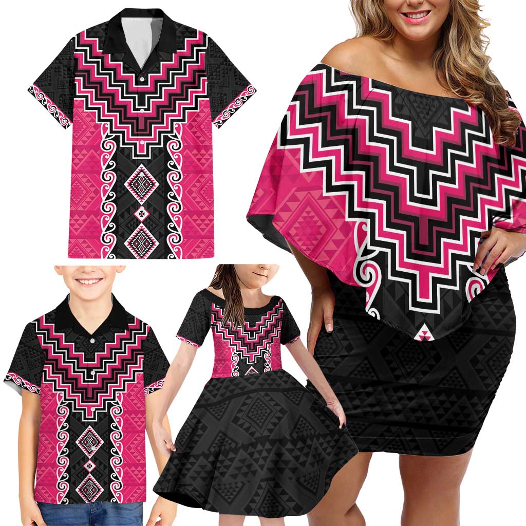 Pink Niho Taniwha Mix Poutama Family Matching Off Shoulder Short Dress and Hawaiian Shirt Unique Taniko Aotearoa