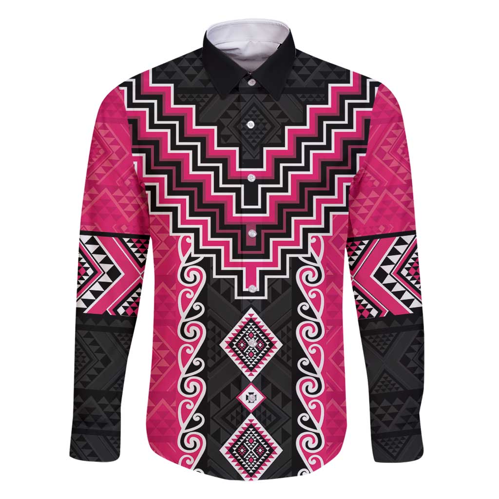 Pink Niho Taniwha Mix Poutama Family Matching Off Shoulder Short Dress and Hawaiian Shirt Unique Taniko Aotearoa