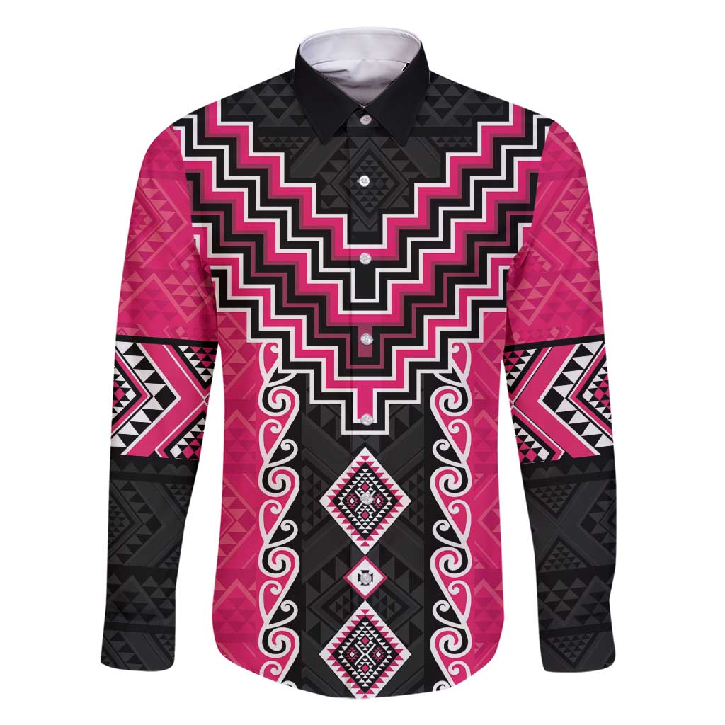 Pink Niho Taniwha Mix Poutama Family Matching Short Sleeve Bodycon Dress and Hawaiian Shirt Unique Taniko Aotearoa