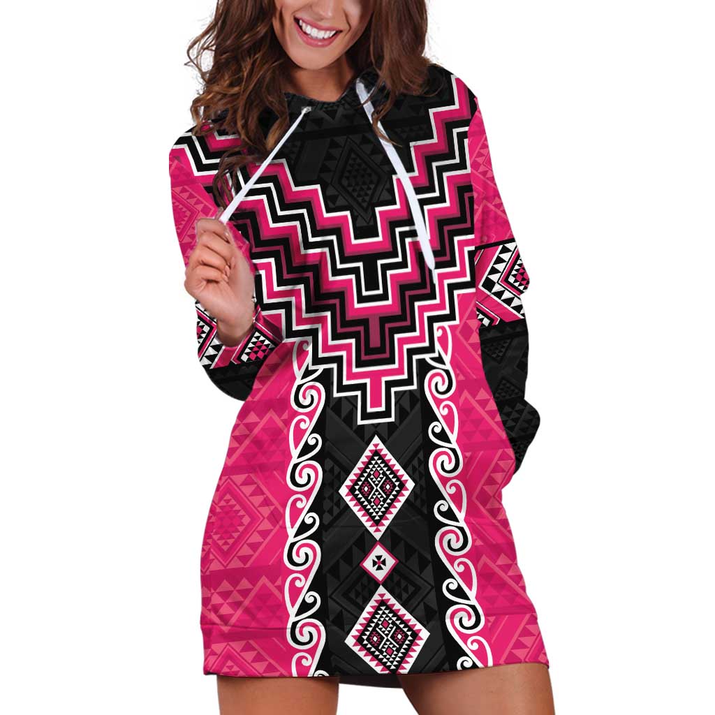 Pink Niho Taniwha Mix Poutama Hoodie Dress Unique Taniko Aotearoa LT01 Pink - Polynesian Pride
