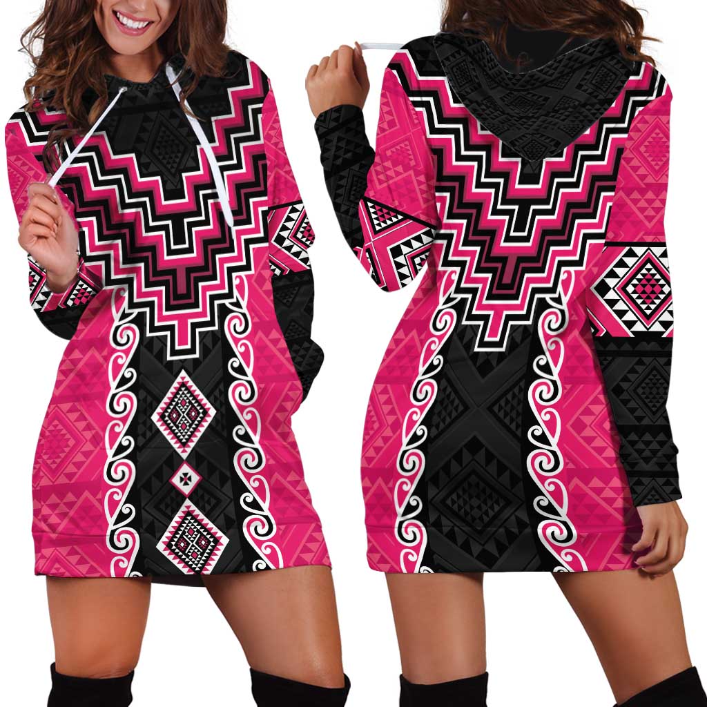 Pink Niho Taniwha Mix Poutama Hoodie Dress Unique Taniko Aotearoa LT01 - Polynesian Pride