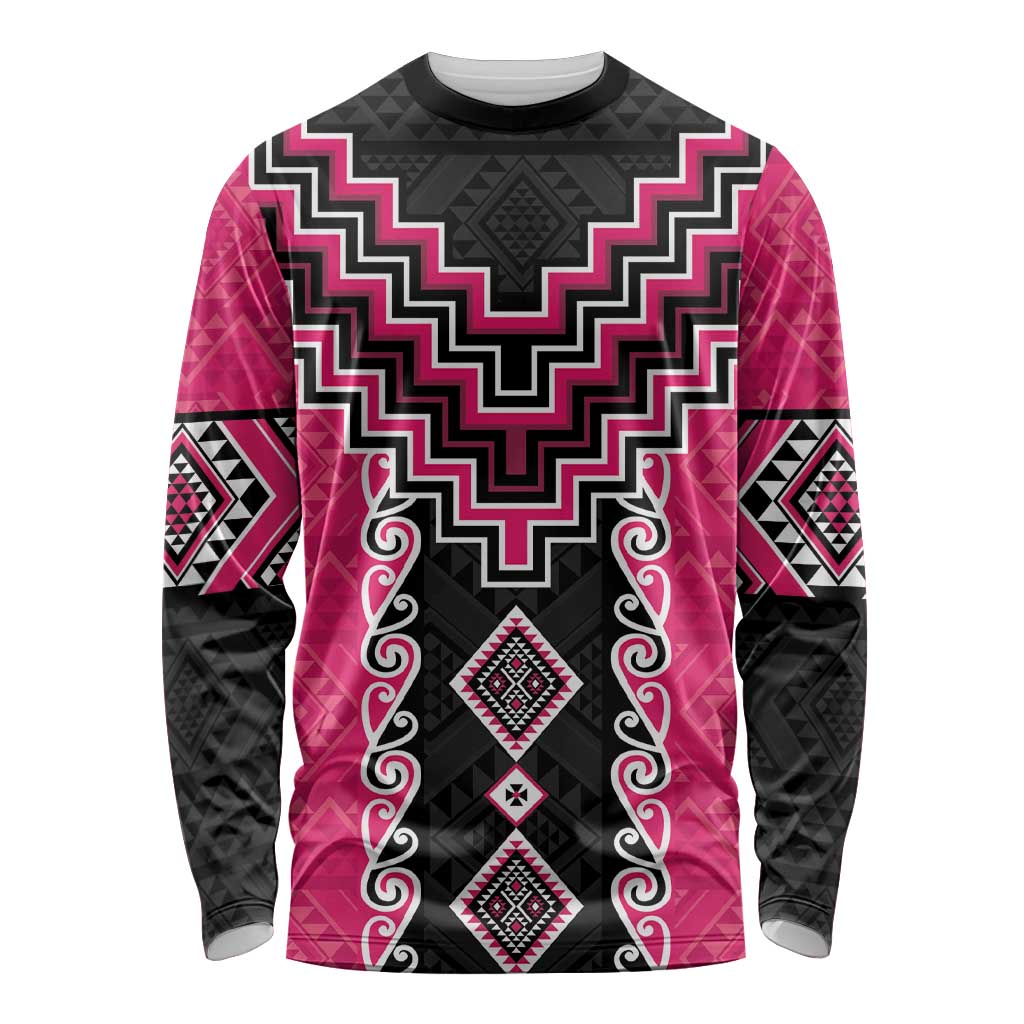 Pink Niho Taniwha Mix Poutama Long Sleeve Shirt Unique Taniko Aotearoa LT01 Unisex Pink - Polynesian Pride
