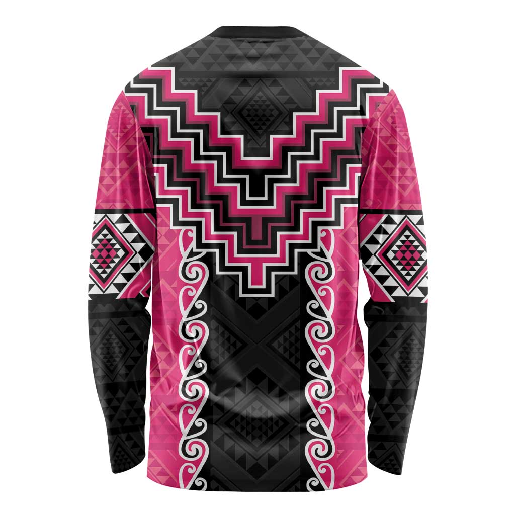 Pink Niho Taniwha Mix Poutama Long Sleeve Shirt Unique Taniko Aotearoa LT01 - Polynesian Pride
