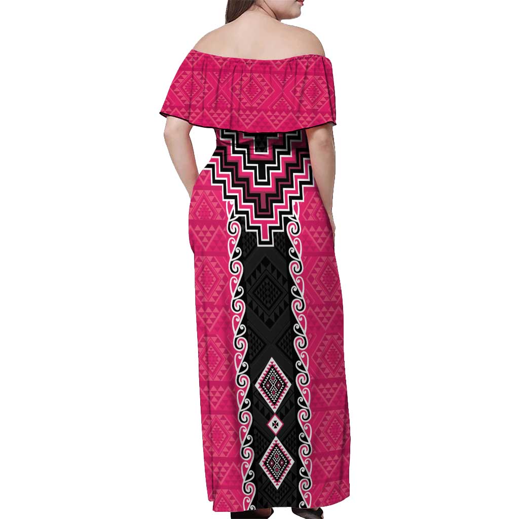 Pink Niho Taniwha Mix Poutama Off Shoulder Maxi Dress Unique Taniko Aotearoa LT01 - Polynesian Pride