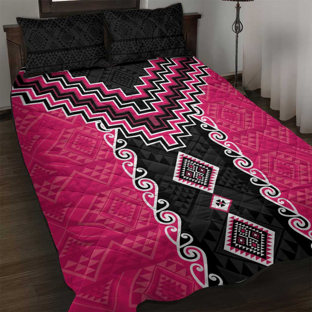 Pink Niho Taniwha Mix Poutama Quilt Bed Set Unique Taniko Aotearoa