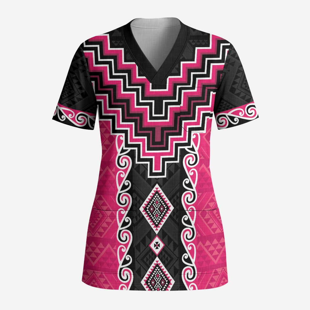 Pink Niho Taniwha Mix Poutama Scrub Top Unique Taniko Aotearoa LT01 Adult Pink - Polynesian Pride