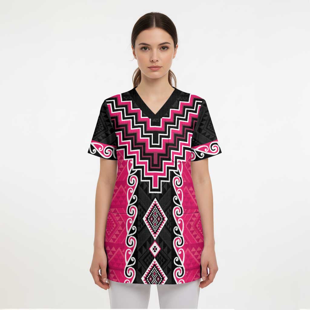 Pink Niho Taniwha Mix Poutama Scrub Top Unique Taniko Aotearoa LT01 - Polynesian Pride
