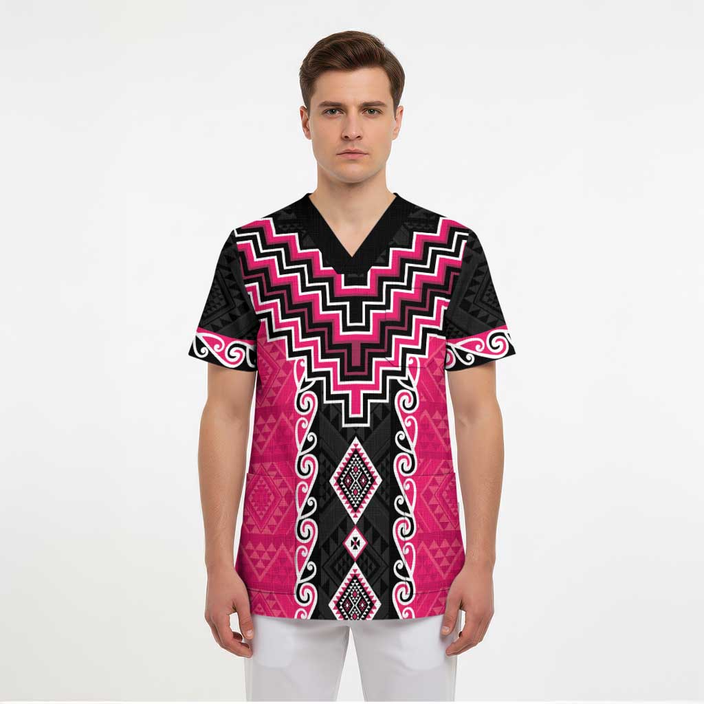 Pink Niho Taniwha Mix Poutama Scrub Top Unique Taniko Aotearoa LT01 - Polynesian Pride