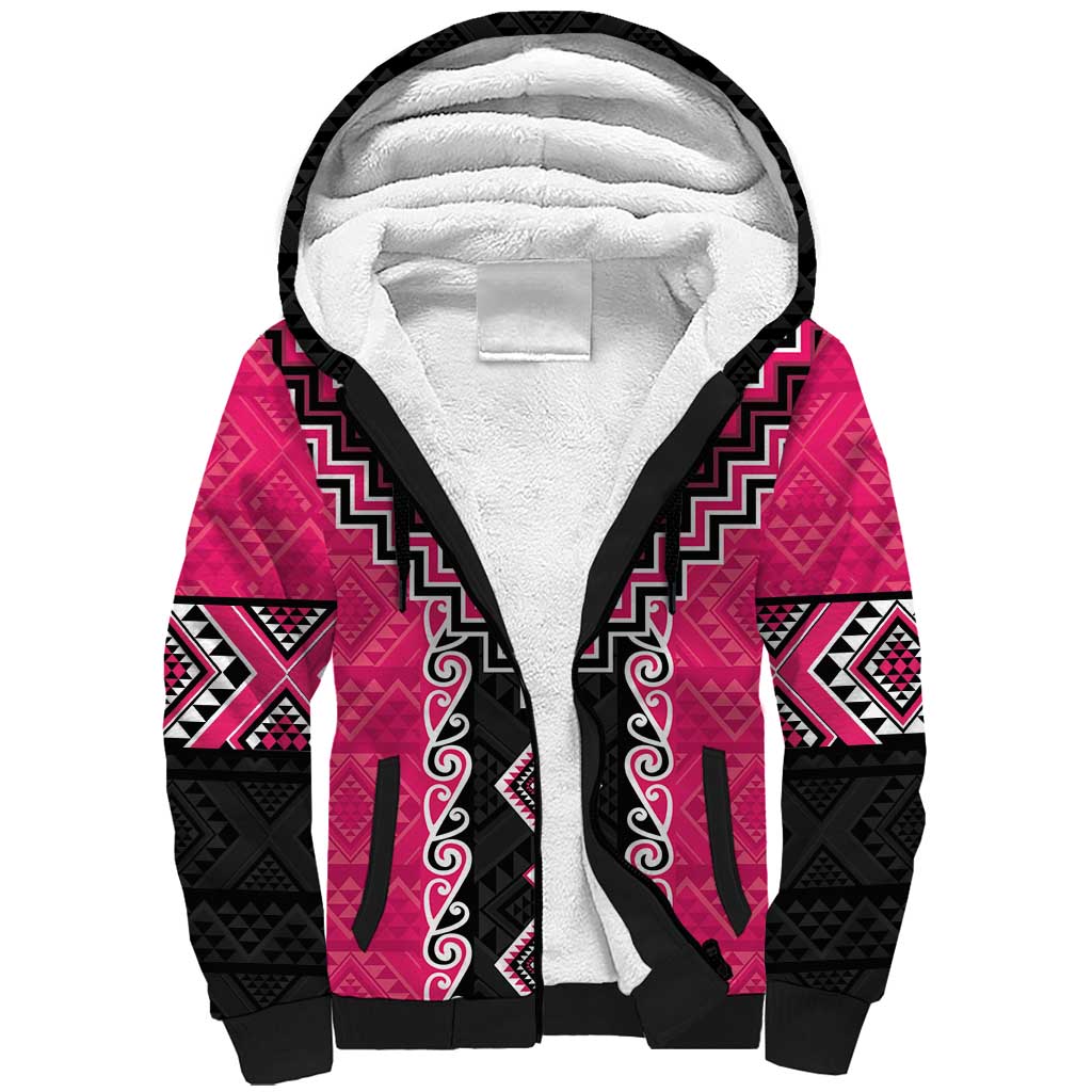 Pink Niho Taniwha Mix Poutama Sherpa Hoodie Unique Taniko Aotearoa LT01 Unisex Pink - Polynesian Pride