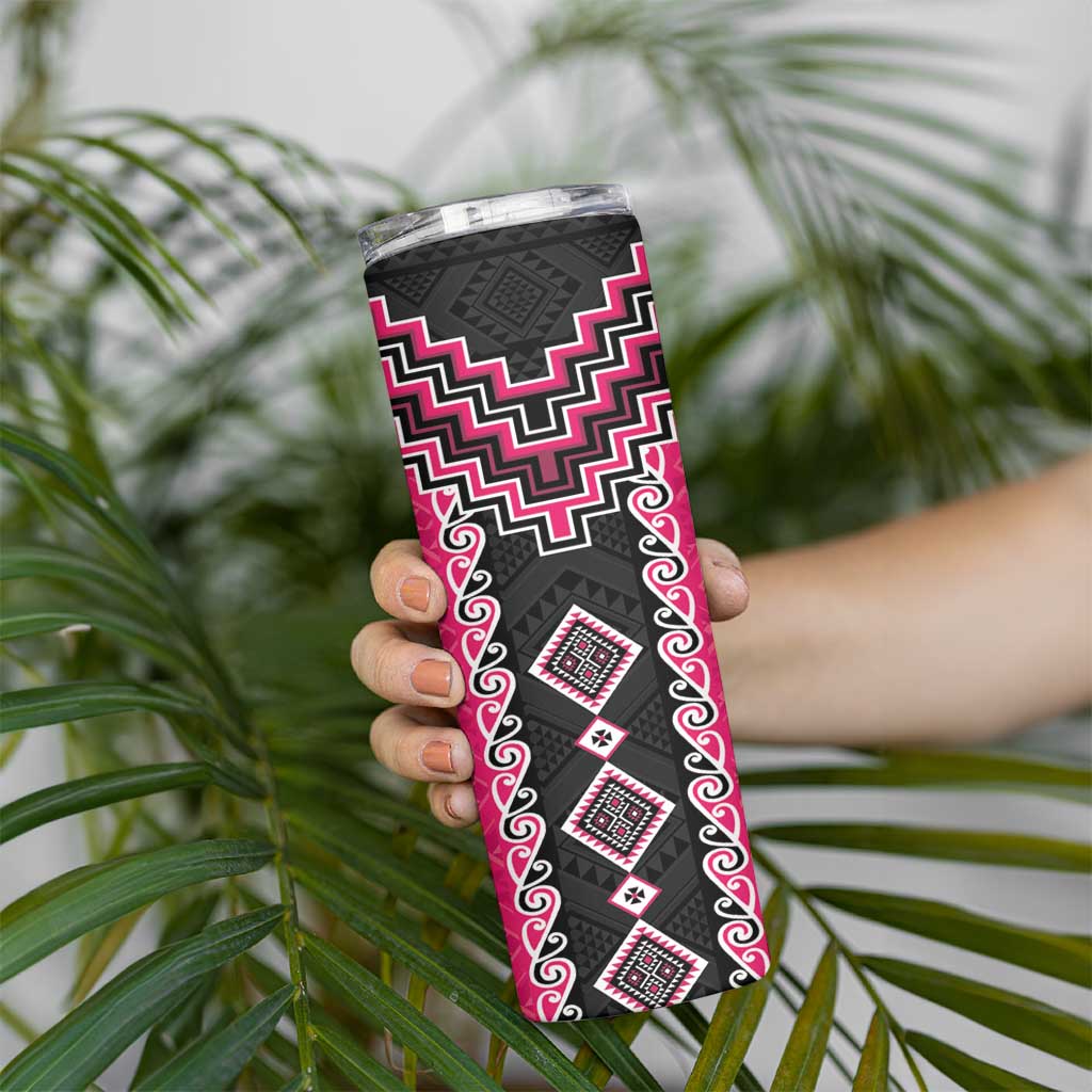 Pink Niho Taniwha Mix Poutama Skinny Tumbler Unique Taniko Aotearoa