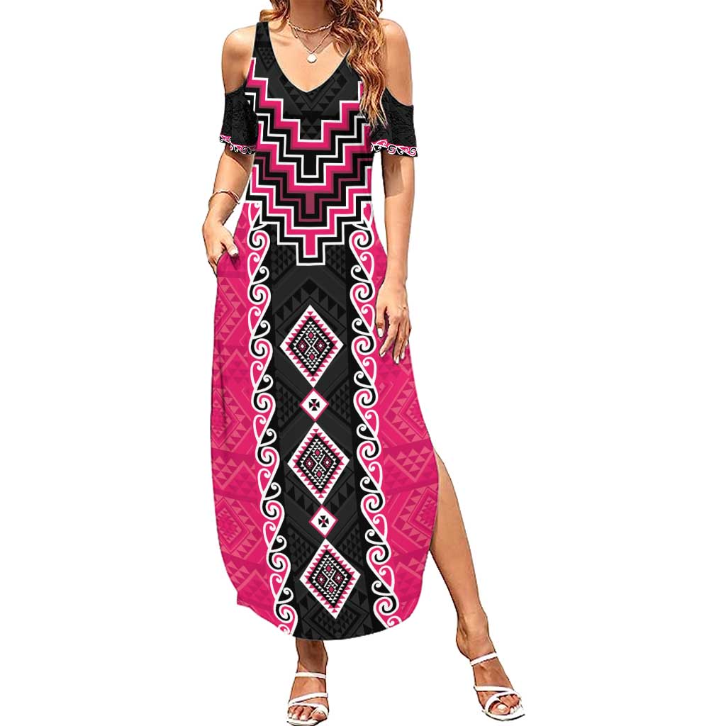 Pink Niho Taniwha Mix Poutama Summer Maxi Dress Unique Taniko Aotearoa LT01 Women Pink - Polynesian Pride