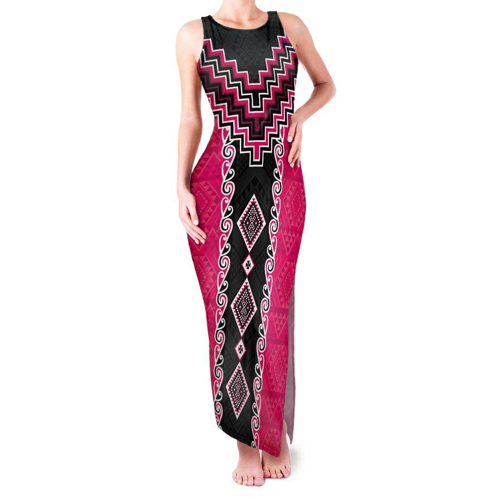 Pink Niho Taniwha Mix Poutama Tank Maxi Dress Unique Taniko Aotearoa LT01 Women Pink - Polynesian Pride