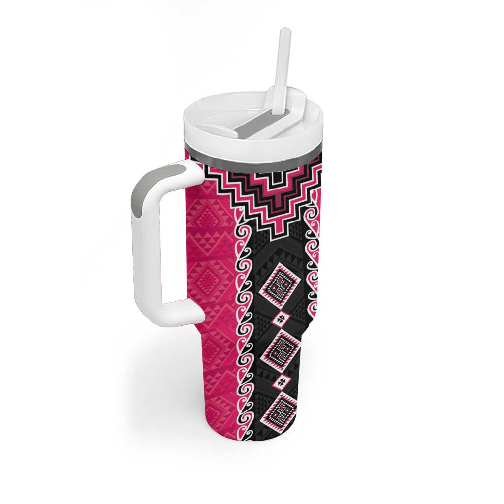 Pink Niho Taniwha Mix Poutama Tumbler With Handle Unique Taniko Aotearoa LT01 - Polynesian Pride