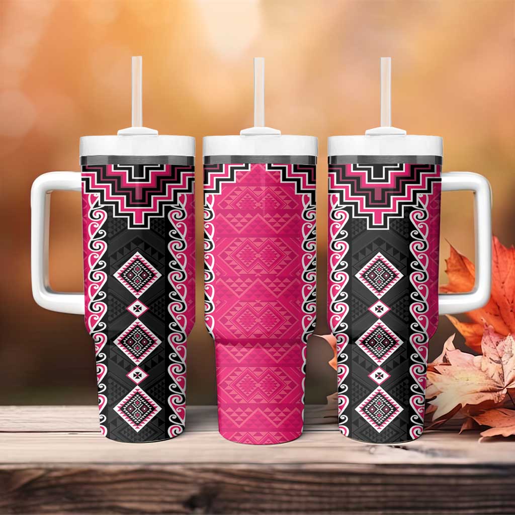 Pink Niho Taniwha Mix Poutama Tumbler With Handle Unique Taniko Aotearoa LT01 - Polynesian Pride