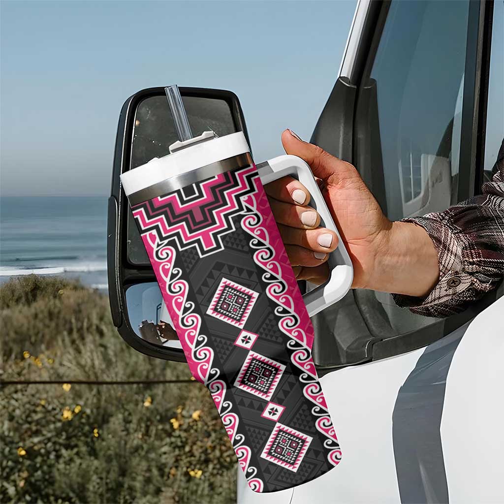 Pink Niho Taniwha Mix Poutama Tumbler With Handle Unique Taniko Aotearoa LT01 - Polynesian Pride