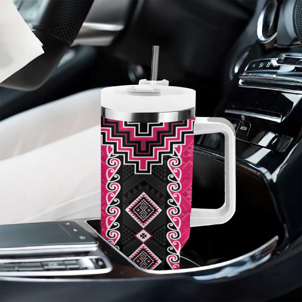 Pink Niho Taniwha Mix Poutama Tumbler With Handle Unique Taniko Aotearoa LT01 - Polynesian Pride