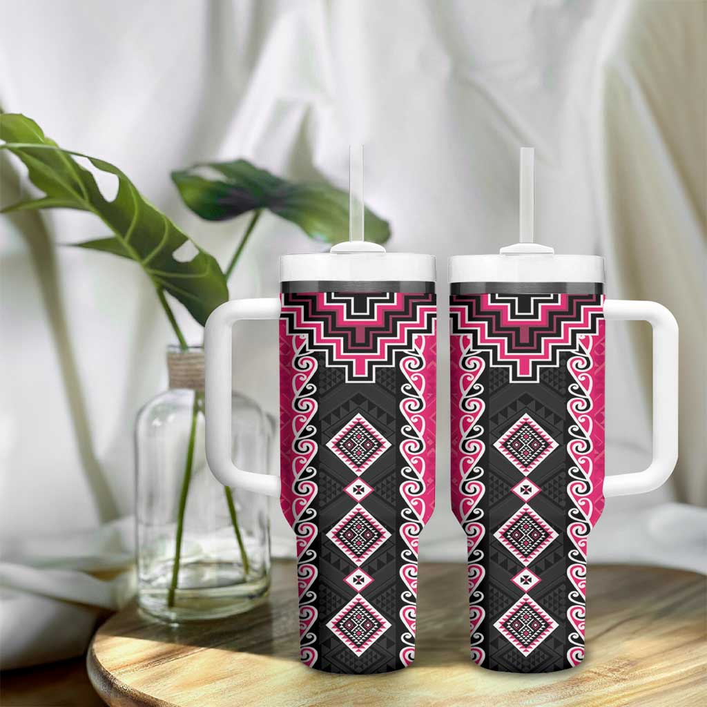 Pink Niho Taniwha Mix Poutama Tumbler With Handle Unique Taniko Aotearoa LT01 - Polynesian Pride
