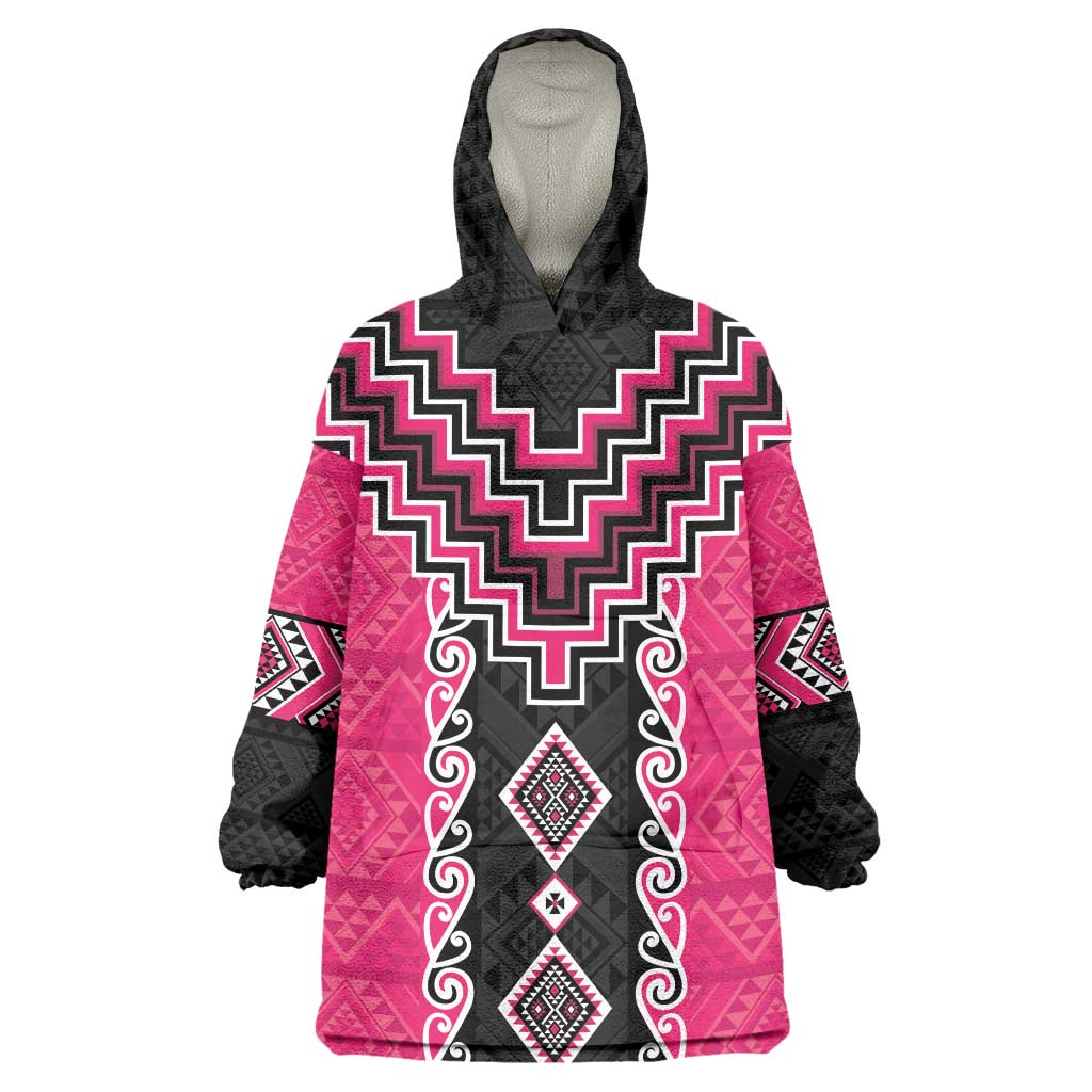 Pink Niho Taniwha Mix Poutama Wearable Blanket Hoodie Unique Taniko Aotearoa LT01 One Size Pink - Polynesian Pride