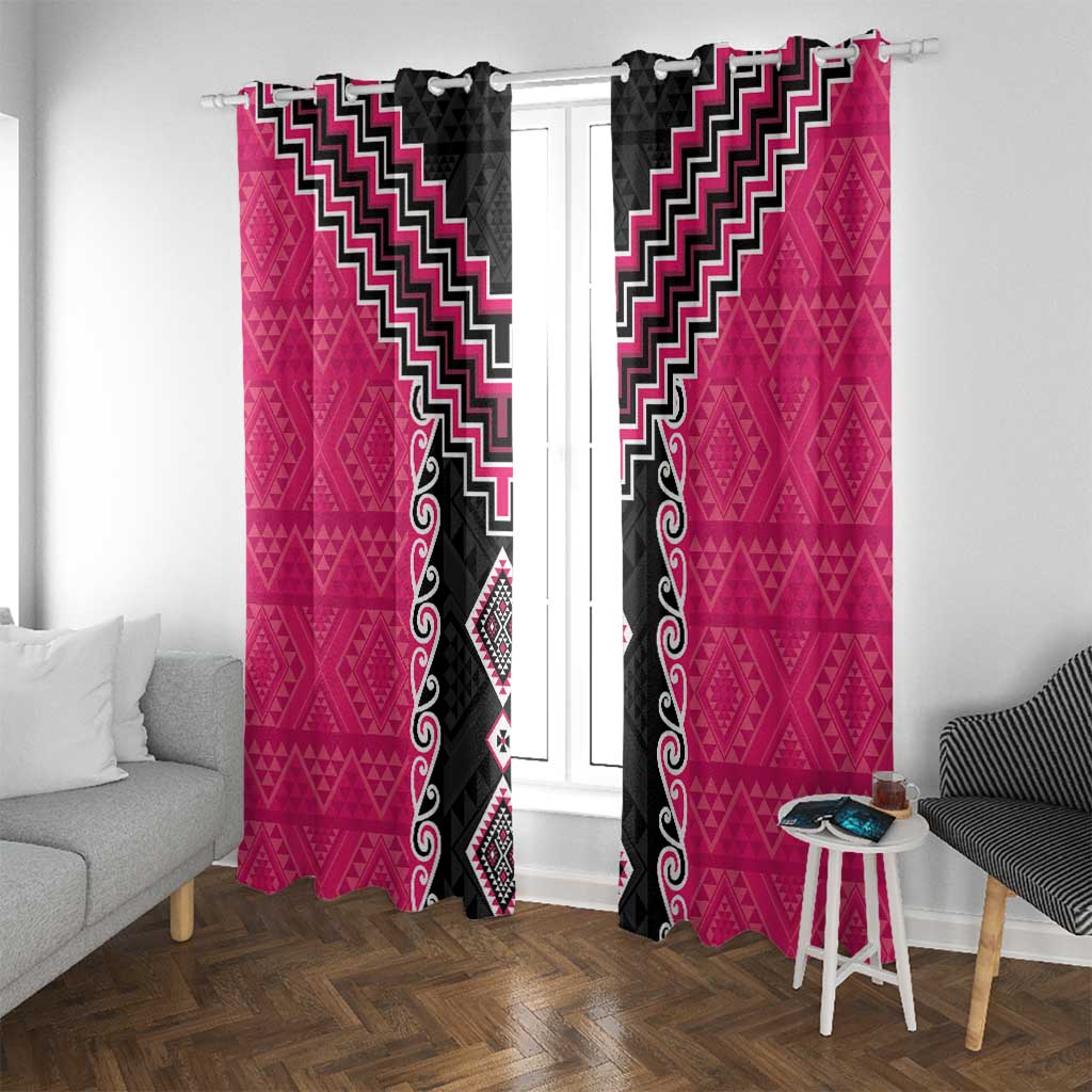 Pink Niho Taniwha Mix Poutama Window Curtain Unique Taniko Aotearoa LT01 With Grommets Pink - Polynesian Pride