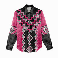 Pink Niho Taniwha Mix Poutama Women Casual Shirt Unique Taniko Aotearoa