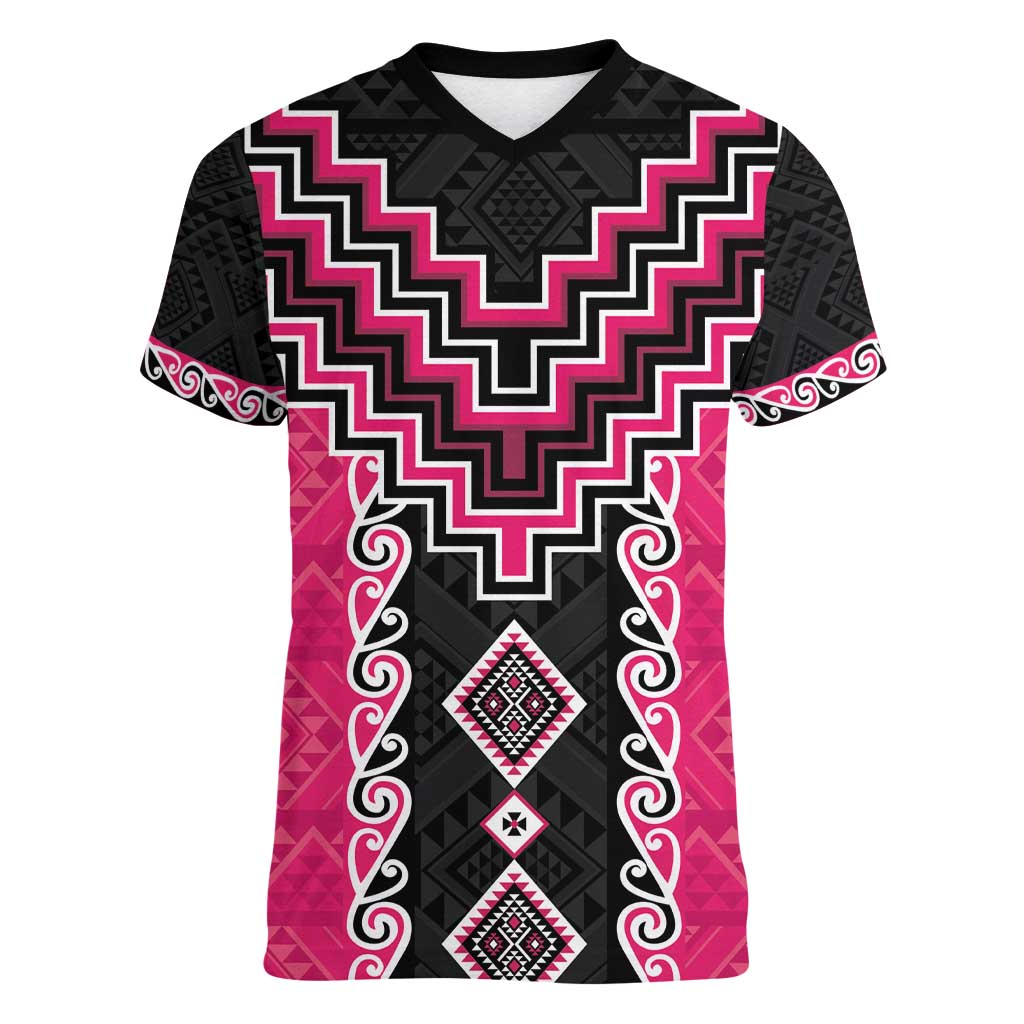 Pink Niho Taniwha Mix Poutama Women V-Neck T-Shirt Unique Taniko Aotearoa LT01 Female Pink - Polynesian Pride