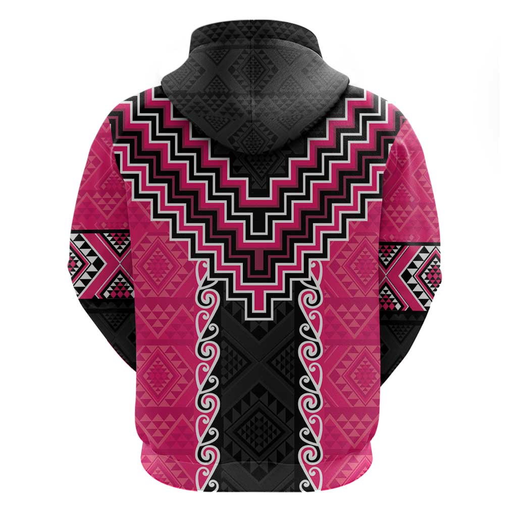 Pink Niho Taniwha Mix Poutama Zip Hoodie Unique Taniko Aotearoa