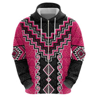 Pink Niho Taniwha Mix Poutama Zip Hoodie Unique Taniko Aotearoa