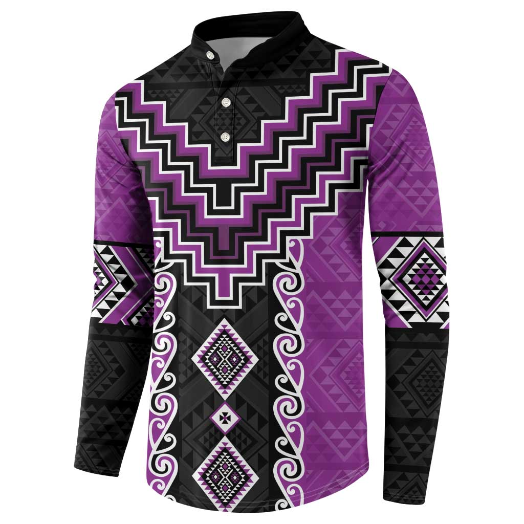 Purple Niho Taniwha Mix Poutama Button Sweatshirt Unique Taniko Aotearoa LT01 - Polynesian Pride