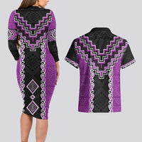 Purple Niho Taniwha Mix Poutama Couples Matching Long Sleeve Bodycon Dress and Hawaiian Shirt Unique Taniko Aotearoa