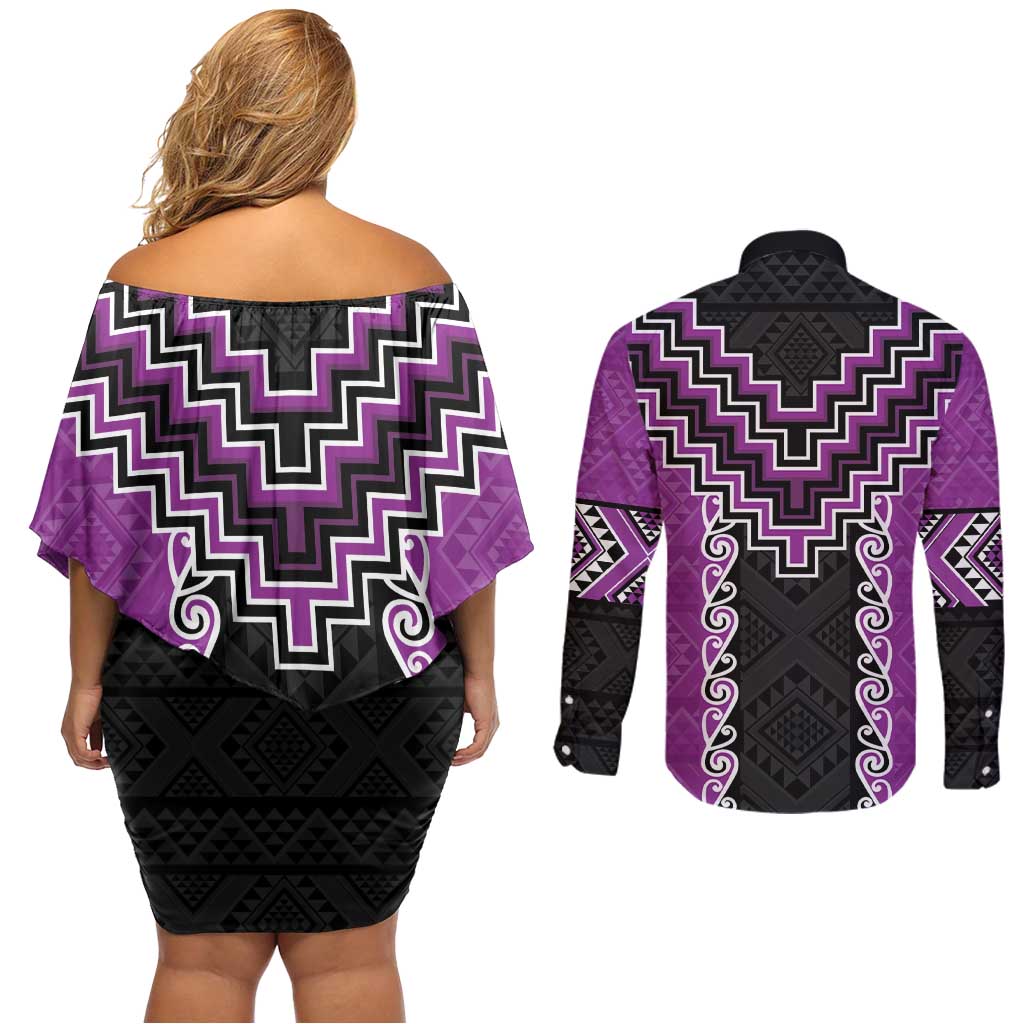 Purple Niho Taniwha Mix Poutama Couples Matching Off Shoulder Short Dress and Long Sleeve Button Shirt Unique Taniko Aotearoa LT01 - Polynesian Pride