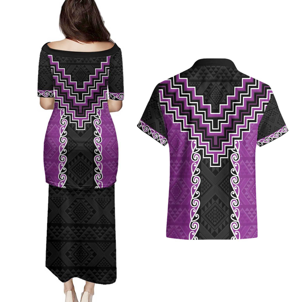 Purple Niho Taniwha Mix Poutama Couples Matching Puletasi and Hawaiian Shirt Unique Taniko Aotearoa LT01 - Polynesian Pride
