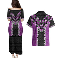 Purple Niho Taniwha Mix Poutama Couples Matching Puletasi and Hawaiian Shirt Unique Taniko Aotearoa LT01 - Polynesian Pride