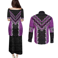 Purple Niho Taniwha Mix Poutama Couples Matching Puletasi and Long Sleeve Button Shirt Unique Taniko Aotearoa LT01 - Polynesian Pride