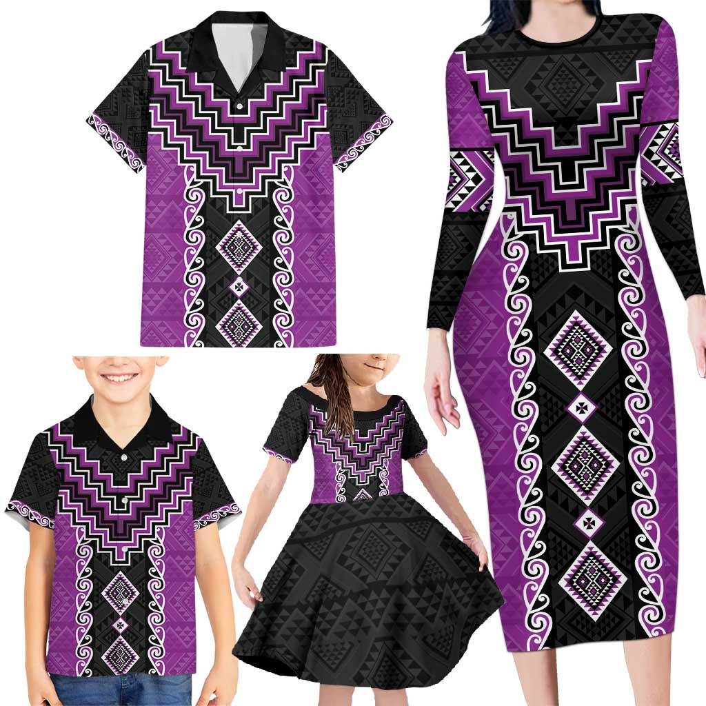 Purple Niho Taniwha Mix Poutama Family Matching Long Sleeve Bodycon Dress and Hawaiian Shirt Unique Taniko Aotearoa