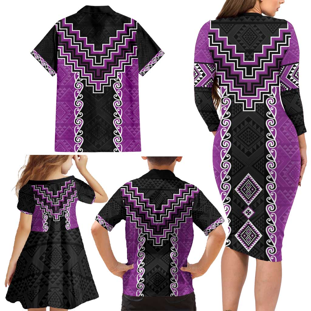 Purple Niho Taniwha Mix Poutama Family Matching Long Sleeve Bodycon Dress and Hawaiian Shirt Unique Taniko Aotearoa