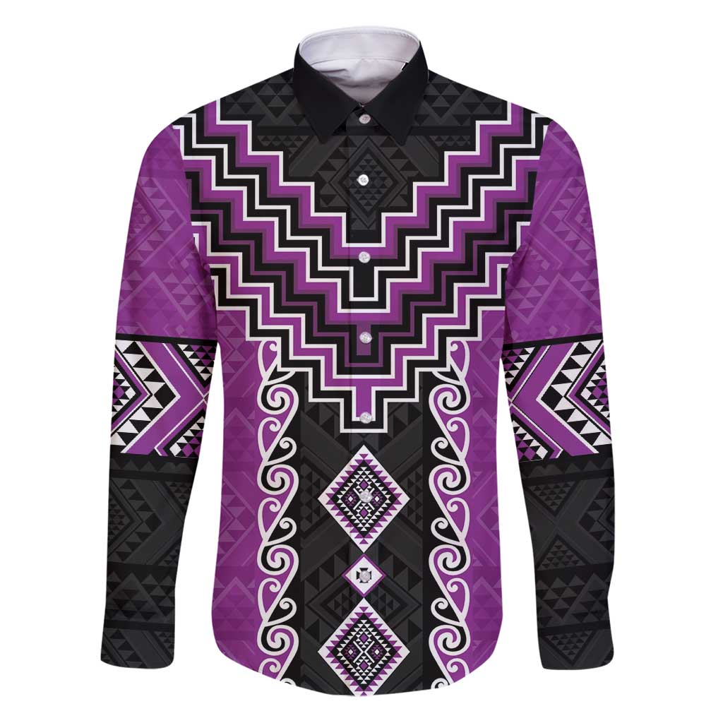 Purple Niho Taniwha Mix Poutama Family Matching Puletasi and Hawaiian Shirt Unique Taniko Aotearoa