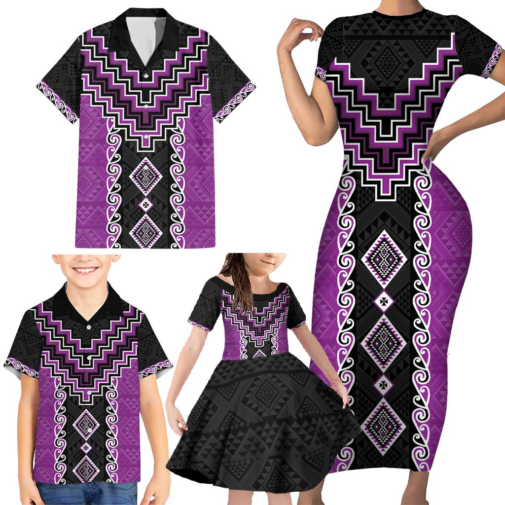 Purple Niho Taniwha Mix Poutama Family Matching Short Sleeve Bodycon Dress and Hawaiian Shirt Unique Taniko Aotearoa