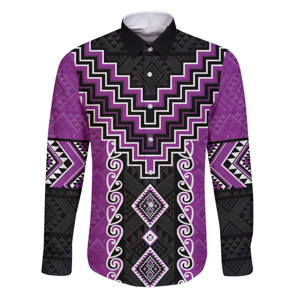 Purple Niho Taniwha Mix Poutama Family Matching Short Sleeve Bodycon Dress and Hawaiian Shirt Unique Taniko Aotearoa