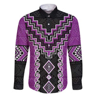 Purple Niho Taniwha Mix Poutama Family Matching Short Sleeve Bodycon Dress and Hawaiian Shirt Unique Taniko Aotearoa