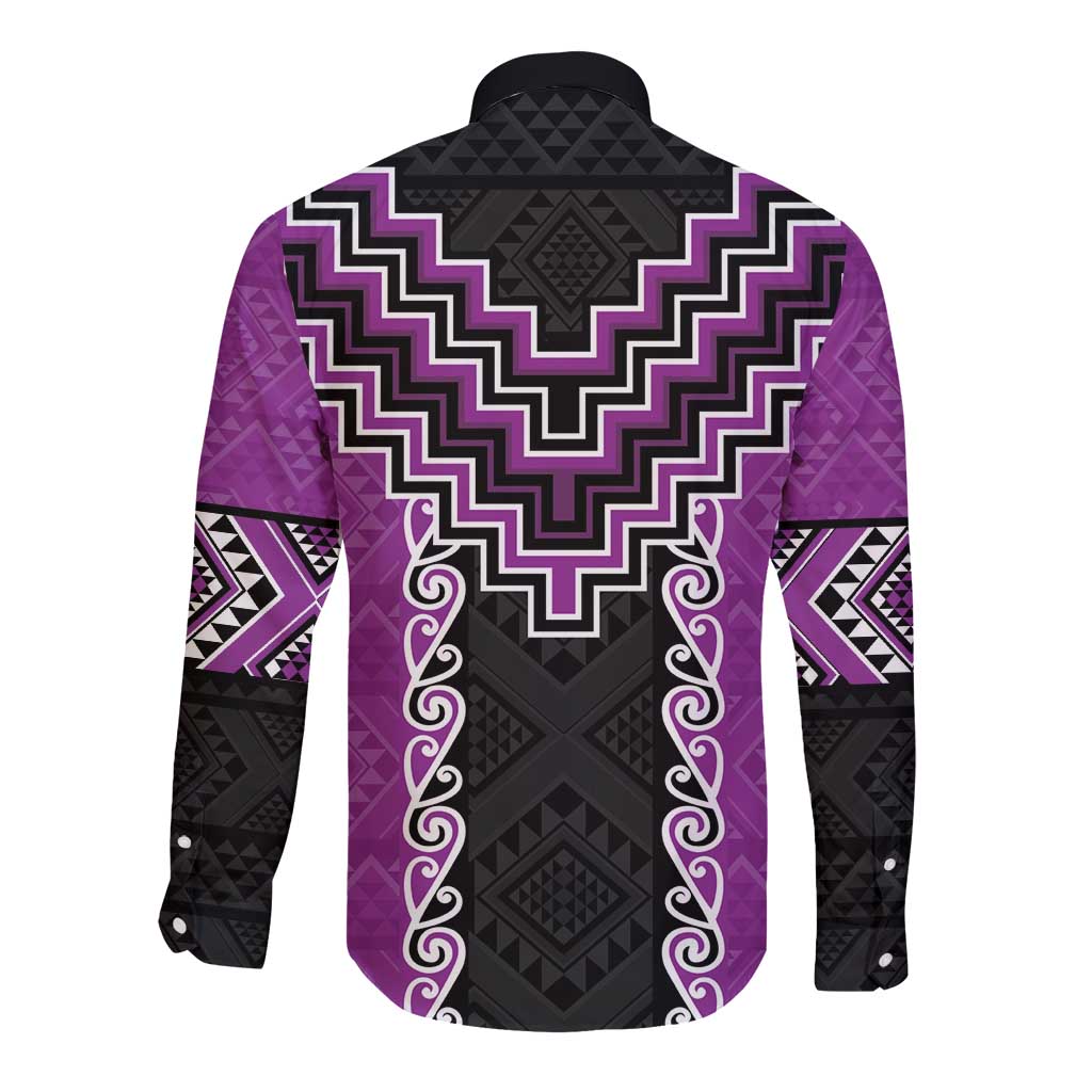Purple Niho Taniwha Mix Poutama Long Sleeve Button Shirt Unique Taniko Aotearoa LT01 - Polynesian Pride