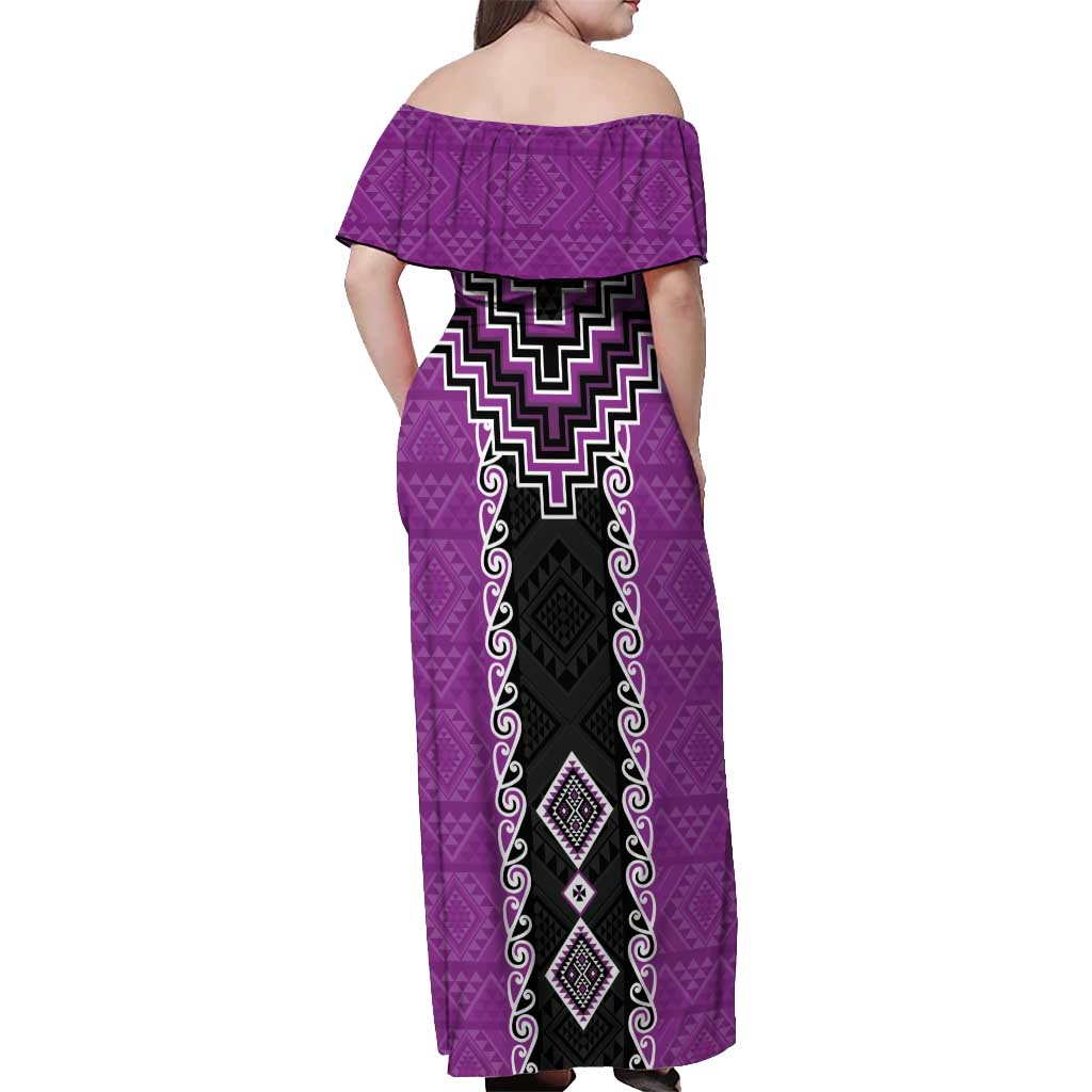 Purple Niho Taniwha Mix Poutama Off Shoulder Maxi Dress Unique Taniko Aotearoa LT01 - Polynesian Pride