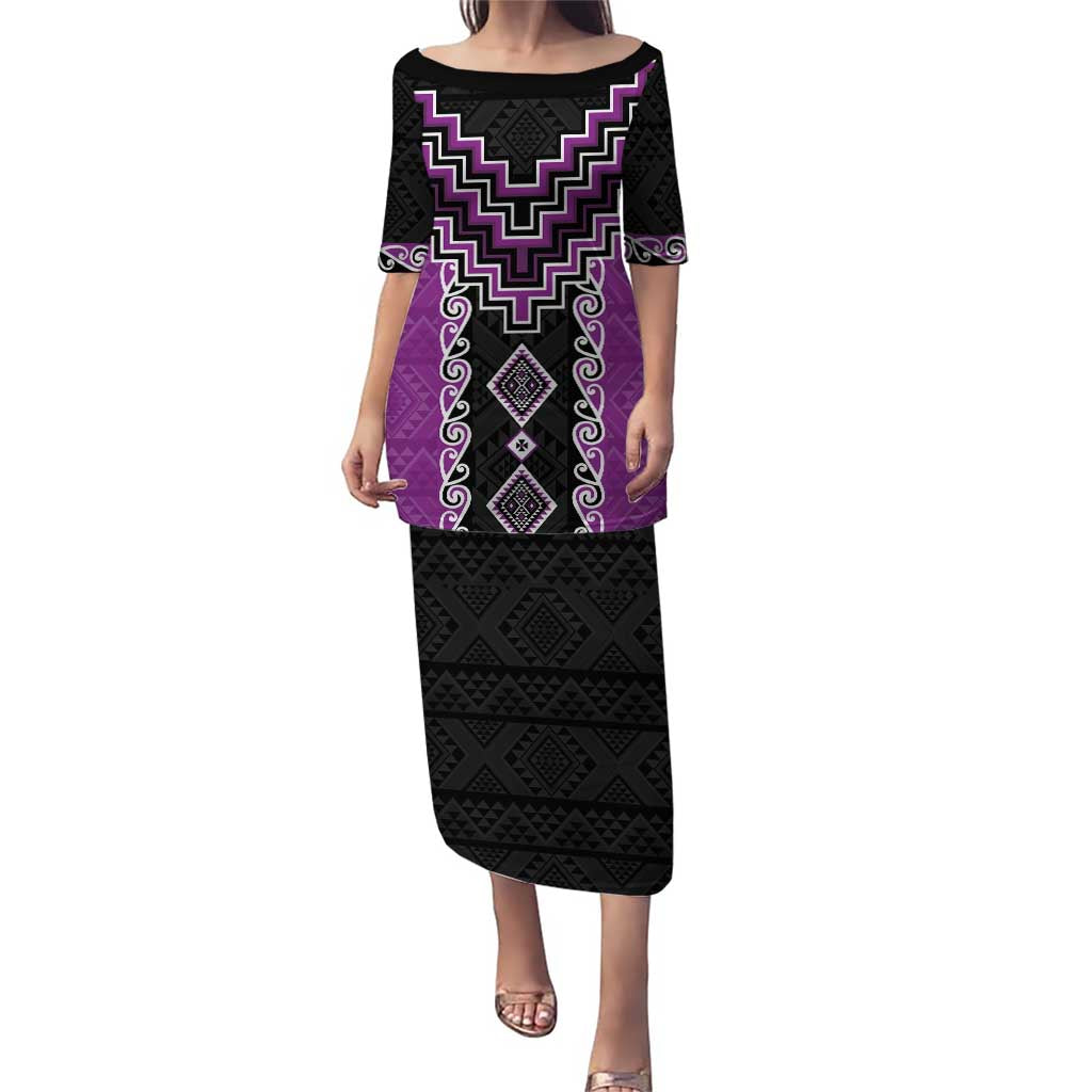 Purple Niho Taniwha Mix Poutama Puletasi Unique Taniko Aotearoa LT01 Long Dress Purple - Polynesian Pride