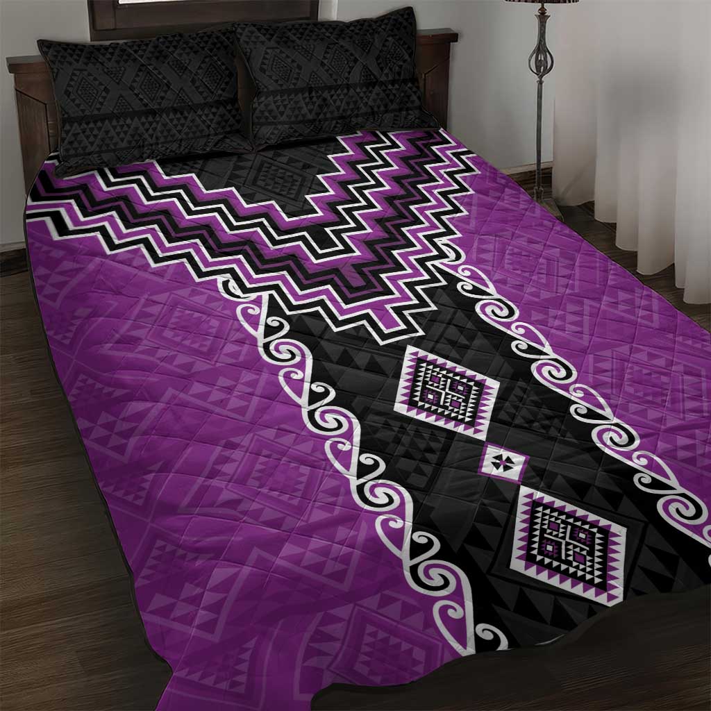 Purple Niho Taniwha Mix Poutama Quilt Bed Set Unique Taniko Aotearoa