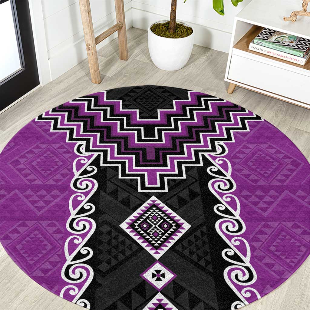 Purple Niho Taniwha Mix Poutama Round Carpet Unique Taniko Aotearoa