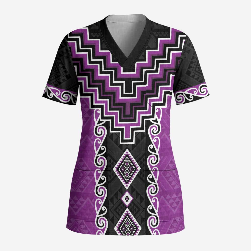 Purple Niho Taniwha Mix Poutama Scrub Top Unique Taniko Aotearoa LT01 Adult Purple - Polynesian Pride