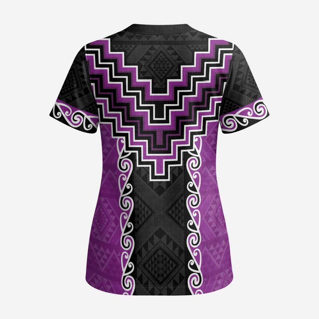 Purple Niho Taniwha Mix Poutama Scrub Top Unique Taniko Aotearoa LT01 - Polynesian Pride
